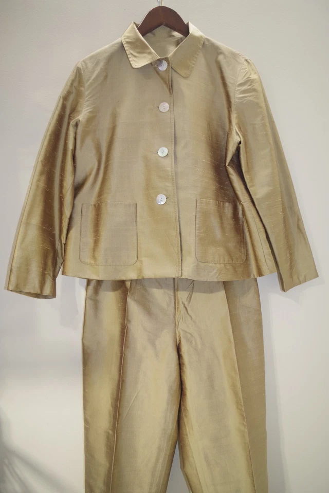 Blazer Shantung X1 Vintage Elliot Lauren Dorado 100% Seda S - Pantalones 8 Traje EE. UU. Foto 3 de 4