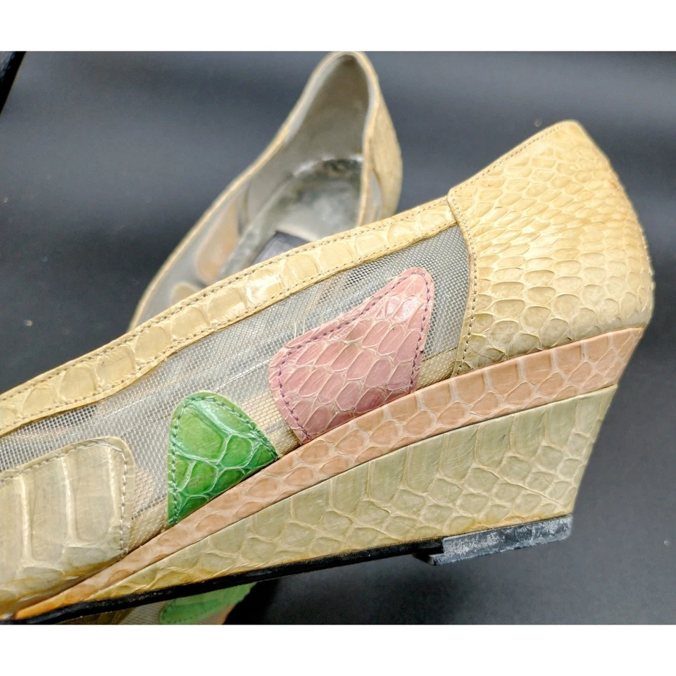 Vintage 80s JRenee Low Wedge Snakeskin Heel Pump Yellow Pink Green Sheer Retro 6 - Image 2 of 4