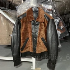 Mens Vintage Style Grizzly Shearling Jacket Distressed Teacore Horsehide Leather