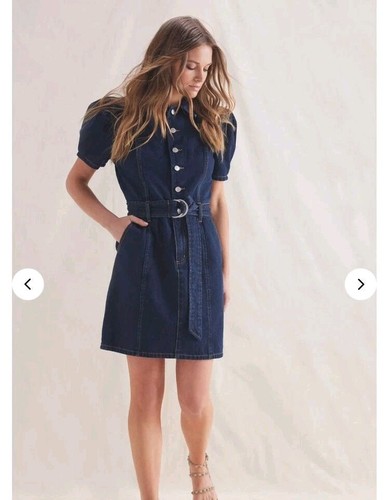Decjuba Dress Womens Size 12 Dark Blue Denim Button Belt Collared Jean Mini