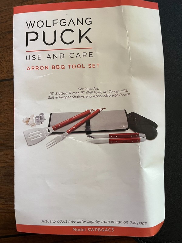 WOLFGANG PUCK APRON BBQ TOOL SET new in original box 7 piece set Wooden Handles