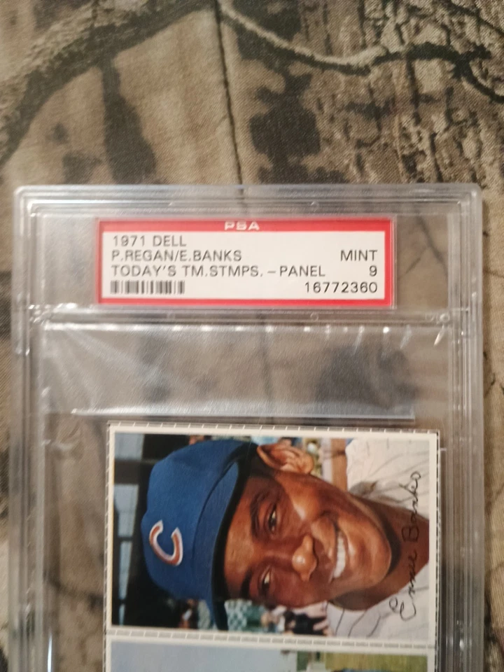 Ernie Banks/Regan 1971 Dell Today's Stamps 2 Card Panel 🔥PSA 9 Mint🔥Rare Pop 2 - Image 4 of 4