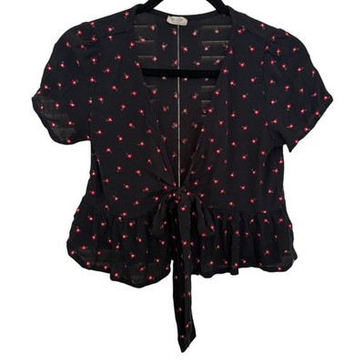 Brandy Melville John Gault Black Red Floral Front Tie Babydoll Top Size XS/S 