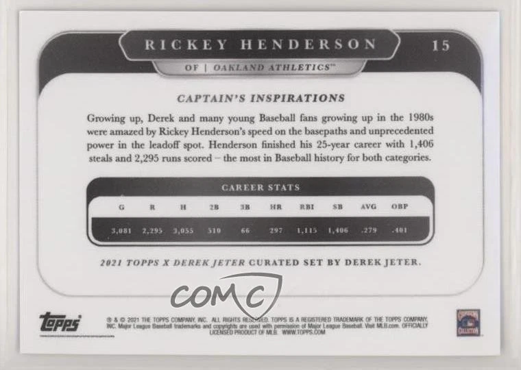 2021 Topps X Derek Jeter Rickey Henderson #15 HOF - Image 2 of 2