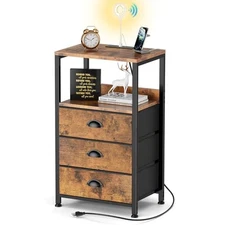 Nightstand with Charging 11.5"D x 16.1"W x 28.3"H (3 Drawers) Rustic Brown