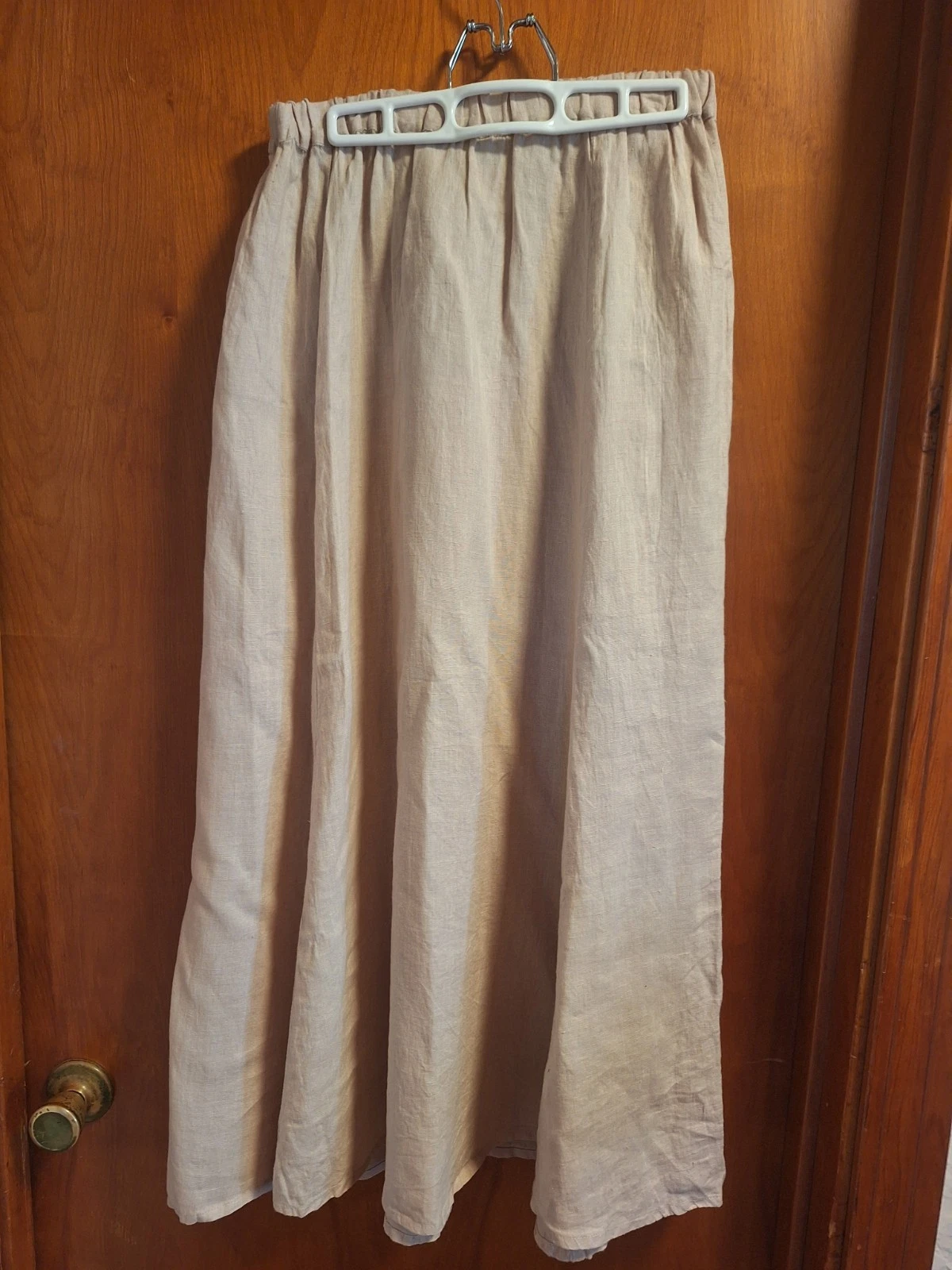 Flax Size S Long Beige Linen Flared Skirt, Elastic Waist