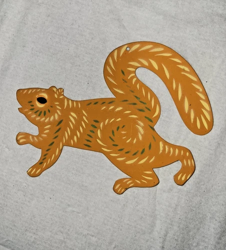 Vintage B Cukla  handmade, hand painted tin squirrel signed Christmas ornament