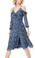 MICHAEL KORS Blue Paisley Cold Shoulder Wrap Midi Dress Ruffle Boho Flirty XL