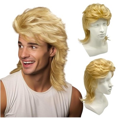 Herren 80er Jahre Vokuhila Perücke Hellblond, Rocker Punk Popstar Lange Locki...