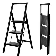 Heavy Duty 3-Step Folding Ladder with Handrail – Black