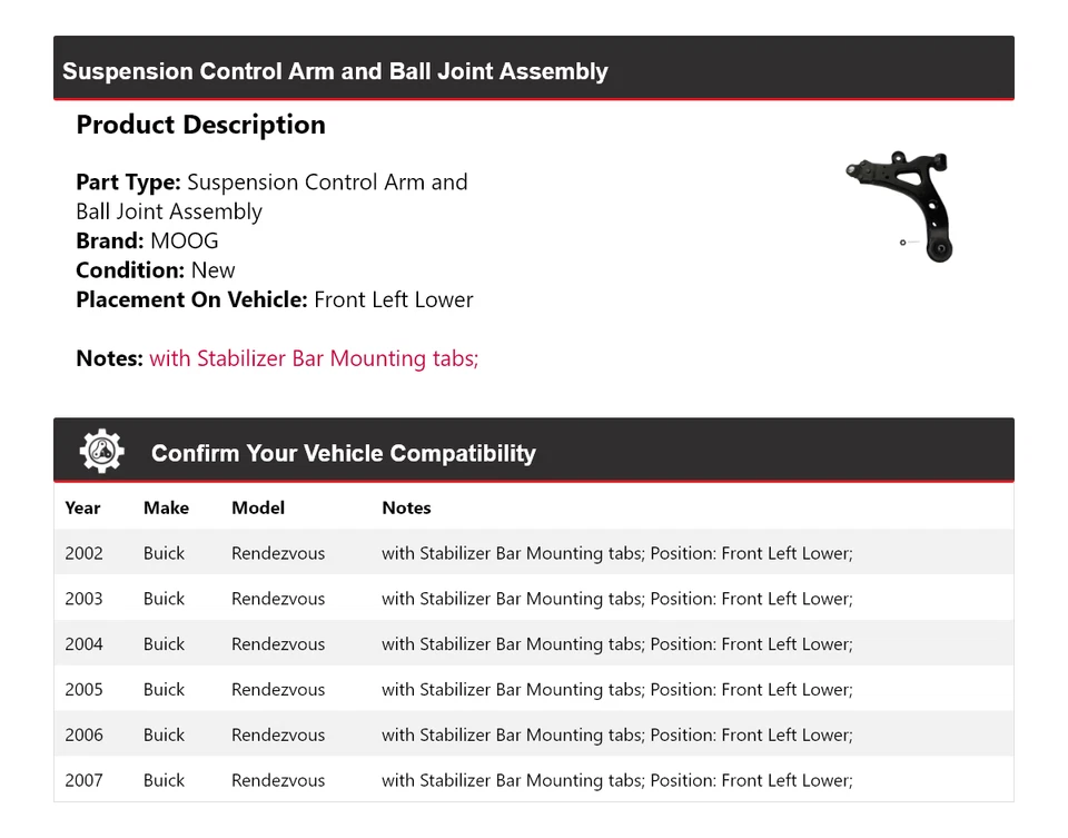 Brazo de control delantero izquierdo inferior MOOG 2002-2007 Buick Rendezvous 2002 2003 2004 Foto 2 de 3