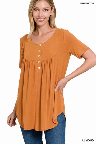 Women's Round Neck Shell Buttons Yoke Shirring Short Sleeve Luxe Rayon Tunic Top - Picture 5 of 56