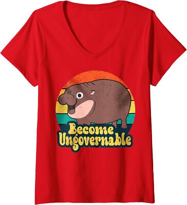 Become Ungovernable Funny Baby Hippo Moo Deng Funny Ladies' V-Neck Tshirt