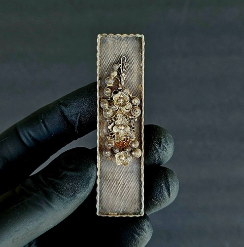 Antica clip per capelli Art Nouveau in argento sterling filigrana e ottone - Foto 2 di 14