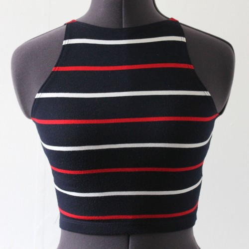 Women's American Apparel Navy Red White Striped Crop Bodycon Vest Tank Top XS - Picture 2 of 4