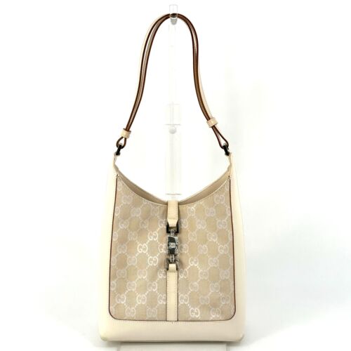GUCCI Jackie GG Hand Bag Leather Canvas White Beige Auth