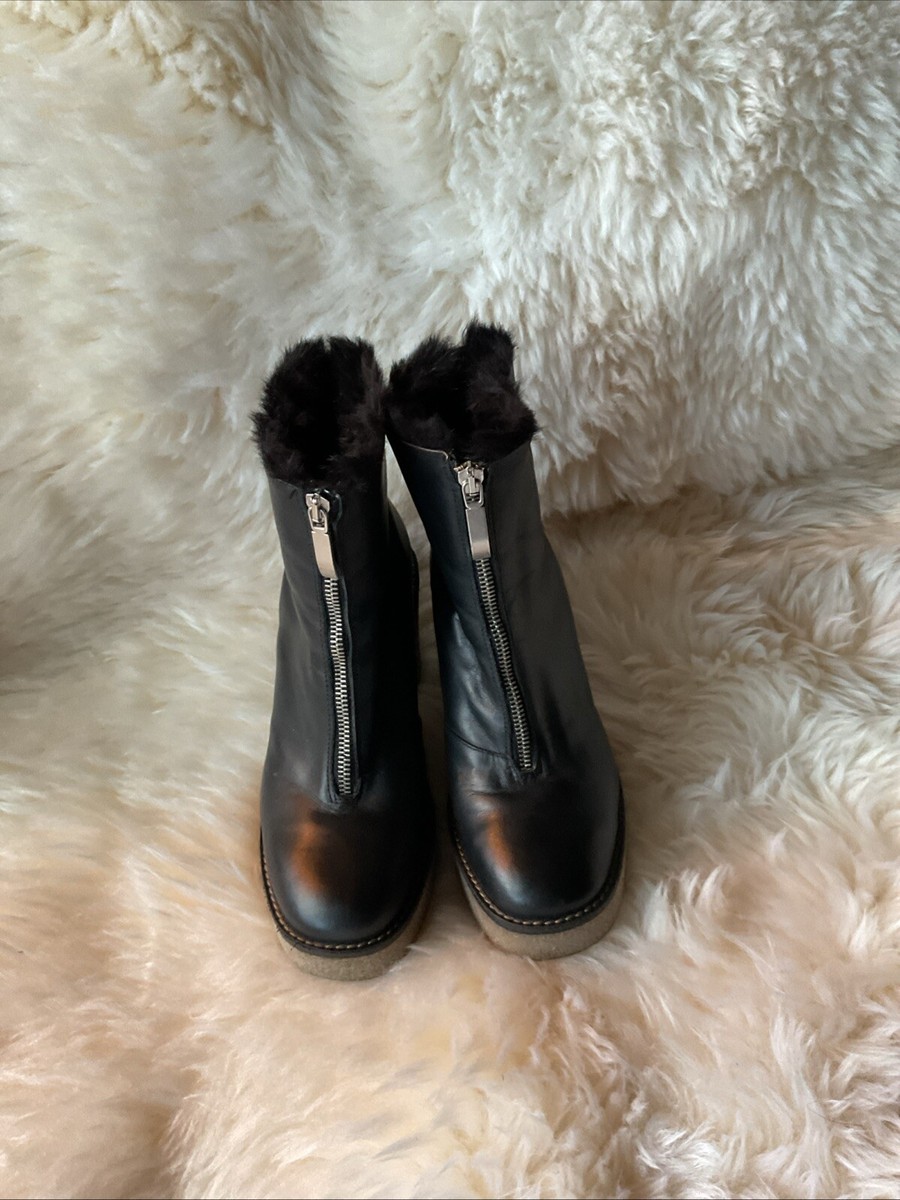Miista Front Zip Crepe Sole Platform Faux Fur Lined Ankle