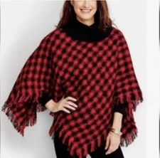 Talbots Cape/Shawl Women Sz M-Red/Black Buffalo Plaid/Fringe-Wool Bl