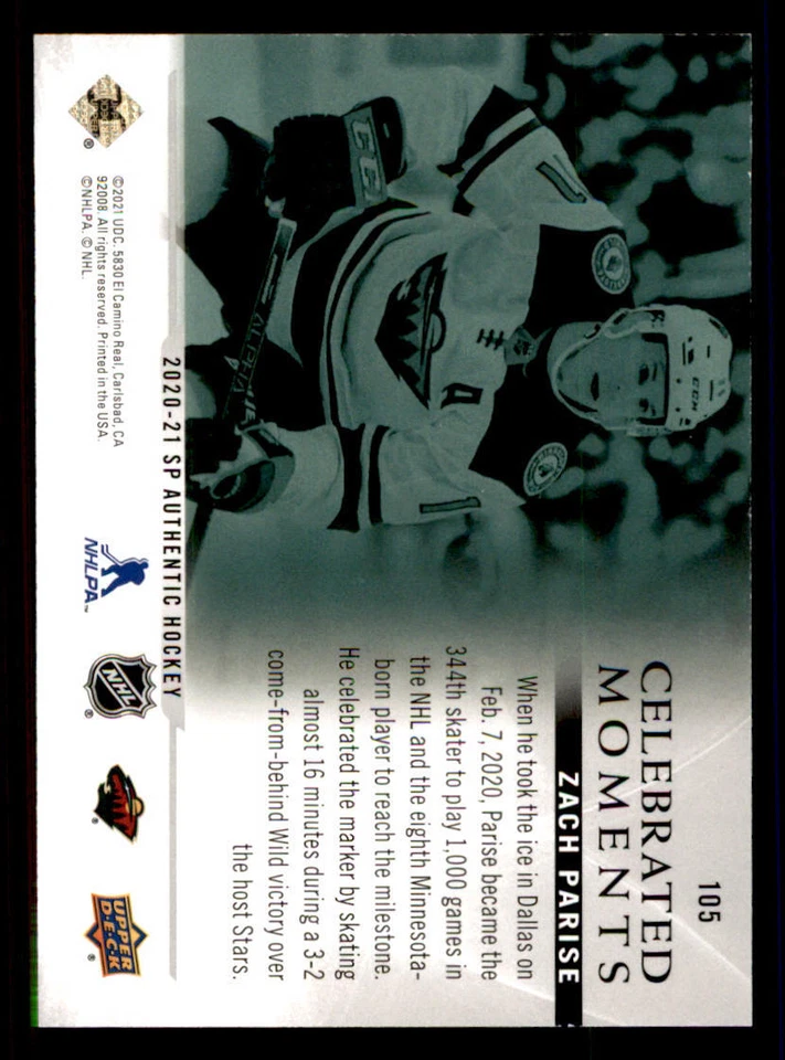 2020-21 SP Authentic #105 Zach Parise CM - Image 2 of 2