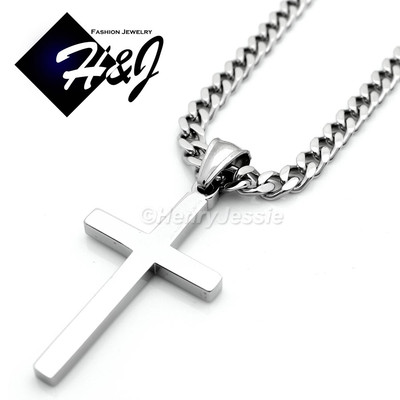 18''-36''MEN Stainless Steel 5mm Silver Cuban Curb Chain Necklace Cross Pendant*P