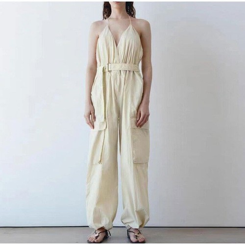 Women Drawstring Belt Jumpsuits Sleeveless Pocket Parachute Cargo Playsuit