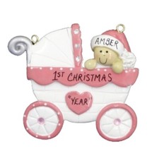 Personalized Pink Baby Buggy First Christmas Ornament