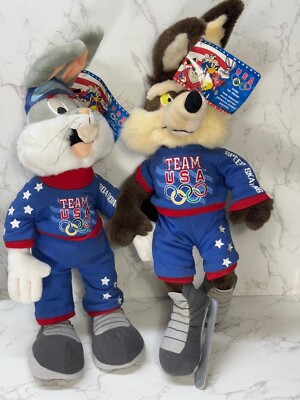 1998 Warner Bros BUGS BUNNY and Wile E Coyote Olympic Team USA Mascot Plush