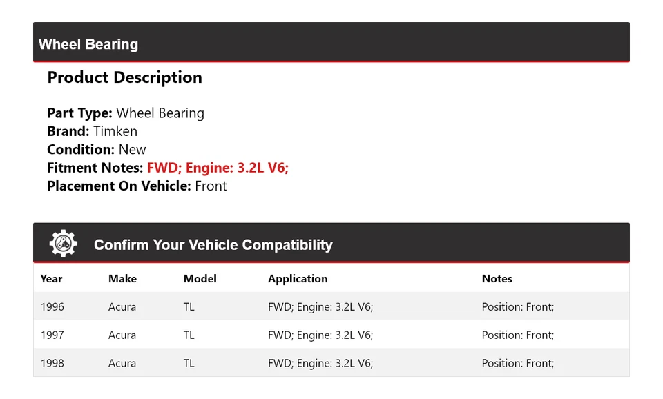 Cojinete de rueda delantero Timken 1997 para Acura TL 1996-1998 3,2 L V6 FWD Foto 2 de 4