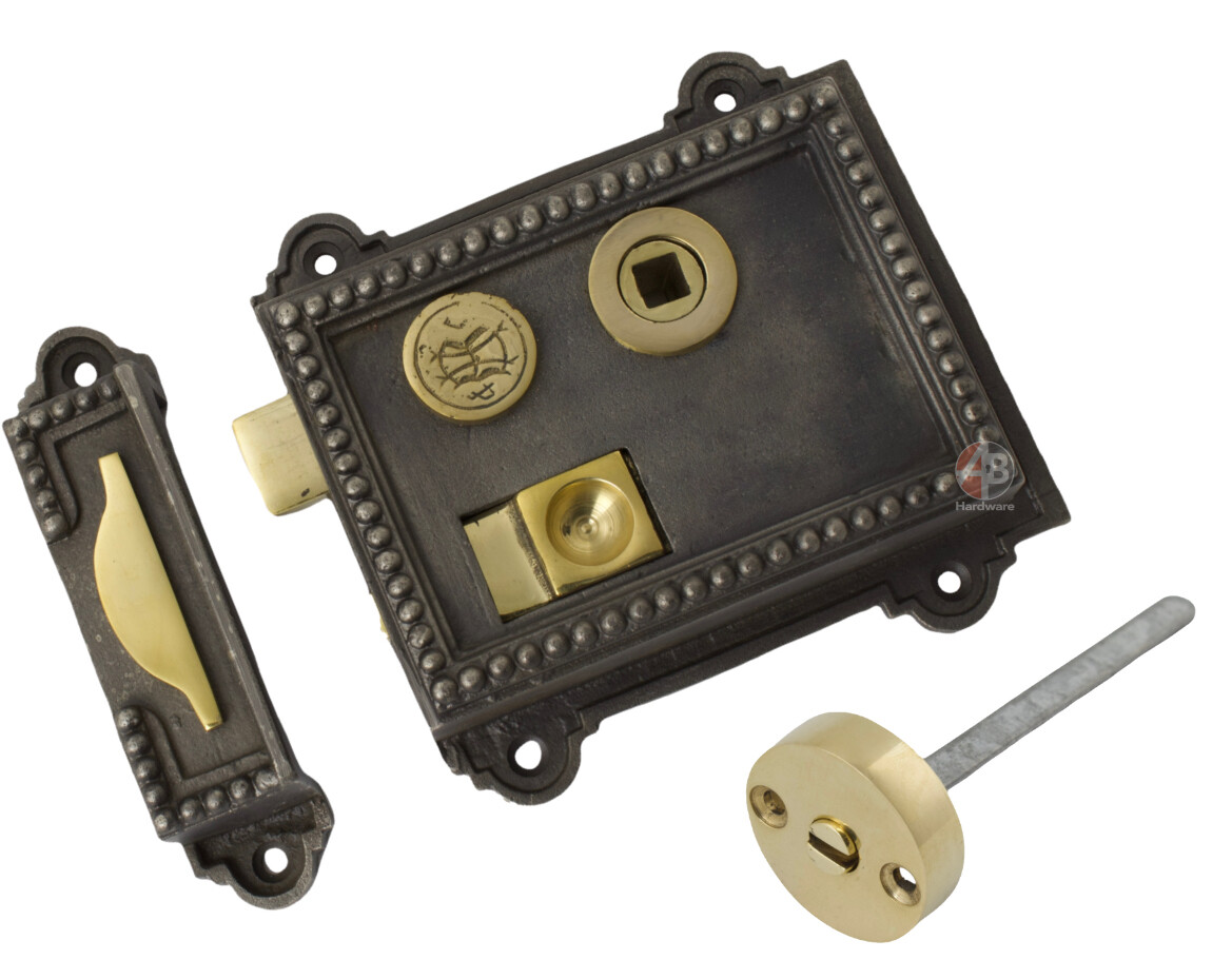 Vintage Cast Iron & Brass Rim Latch Lock – Hand-Aged Finish With Emergency Release – For Bathroom Or Bedroom Doors