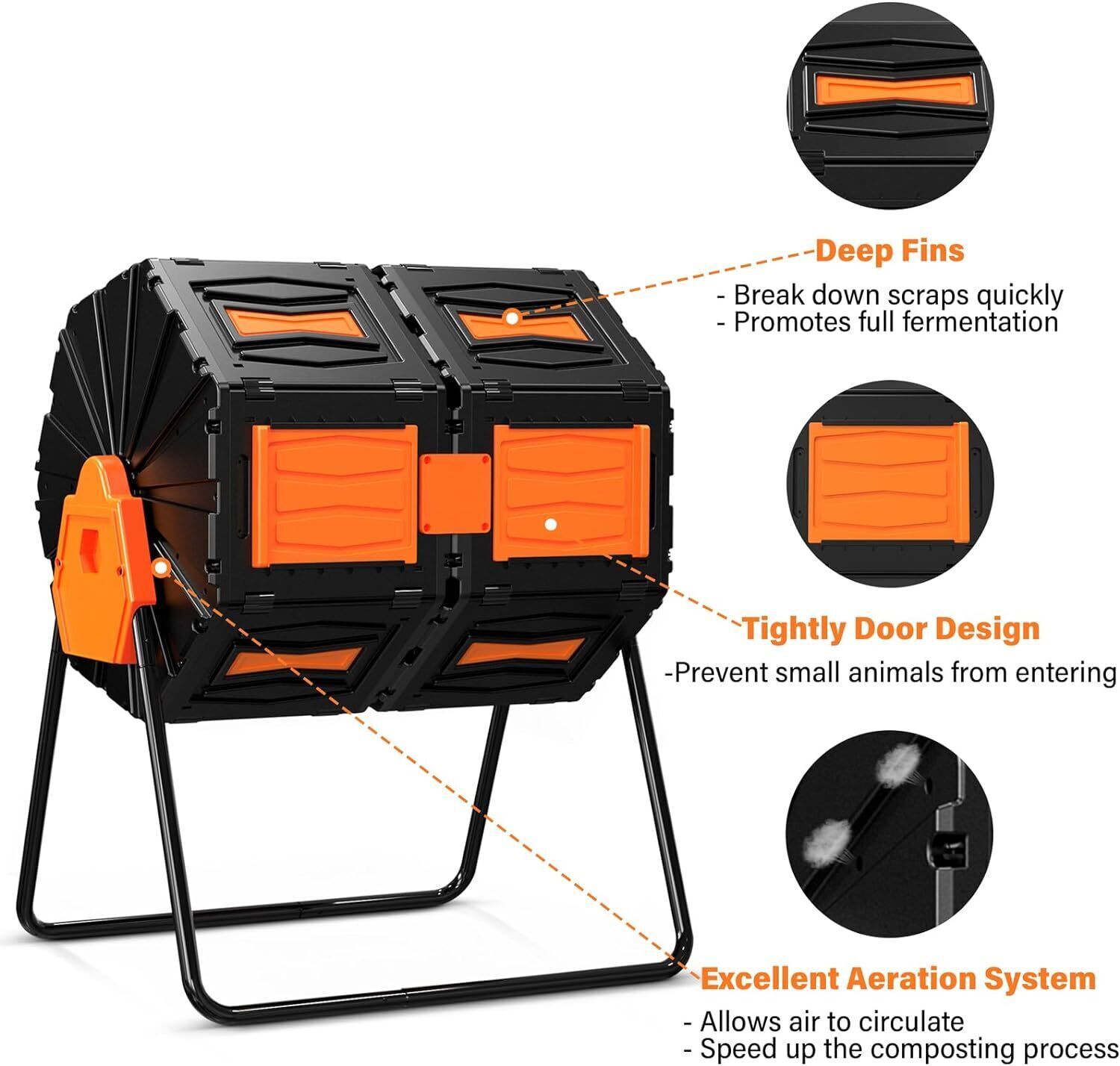45 Gallon Dual Compost Bin w/2 Sliding Doors Outdoor Tumbling Composter Chamber
