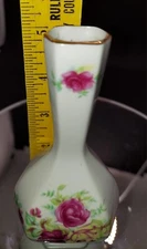 Vintage Made in Taiwan Small Gold Rimmed Victorian Roses Bud Vase Hexagon Sides