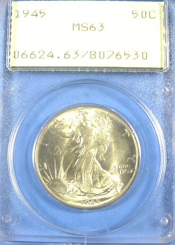 1945 PCGS MS63 Walking Liberty Half Dollar "OLD GREEN RATTLER HOLDER" GEM BU