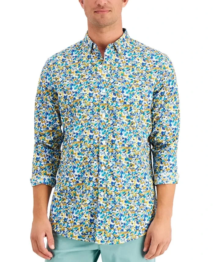Club Room Regular-Fit Stretch Ditsy Floral-Print Poplin Shirt Blue Size M $55