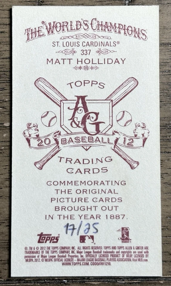 Mini trasero de béisbol Topps Allen & Ginter's 2012 rojo ginter/25 Matt Holliday SSP Foto 2 de 2