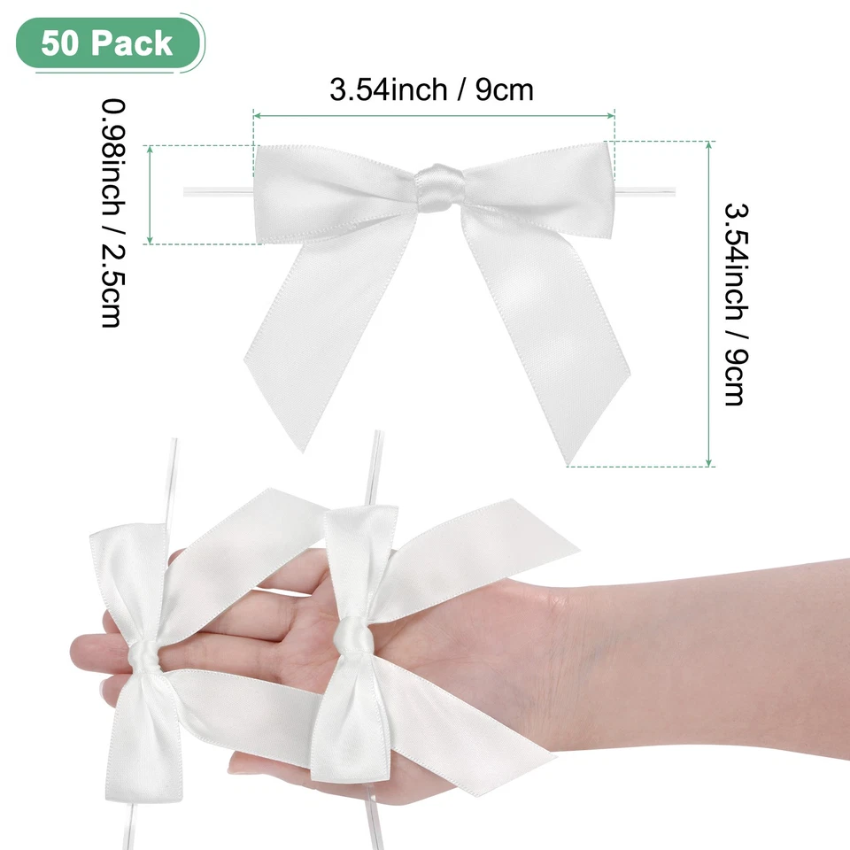 Упаковка из 50 атласных бантов для галстука с лентой, галстуки-бабочки 3,5 дюйма для рукоделия [белые] - Изображение 3 из 4