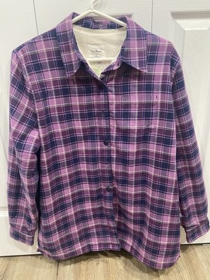 LL Bean Womens Plaid Flannel Shirt Jacket Fleece Lined Purple Outdoor Sz S