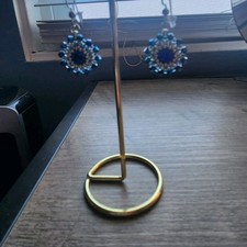 Blue Glass Beaded Dangle Drop Earrings Silver Round Hook Women