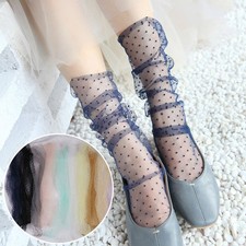 Women Mesh Socks Lace Ruffle Sheer Silky Glitter Fishnet Short Ankle Stockings □