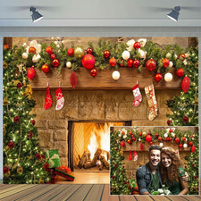 10x8 FT Merry Christmas Fireplace Backdrop Vintage Xmas Tree Photo Background