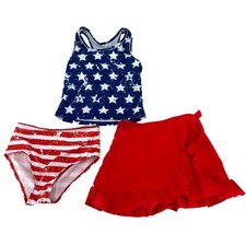 Girls 3 pc Patriotic Swimsuit Set Size 9T Stars Stripes Pull on Cover Up Skirt