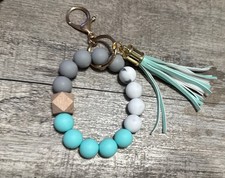 Beaded Silicone Keychain Bracelet Wristlet Mint Gray Marble with Tassel