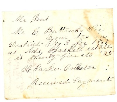 1867 School District No. 3 Tax Receipt for E. Buttrick   Haskell Estate Payment