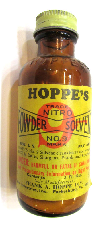 Old Empty Vintage Hoppes No 9 Nitro Powder Solvent Bore Cleaner 4" Brown Bottle