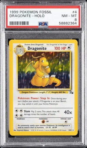 1999 POKEMON FOSSIL #4 DRAGONITE-HOLO PSA 8