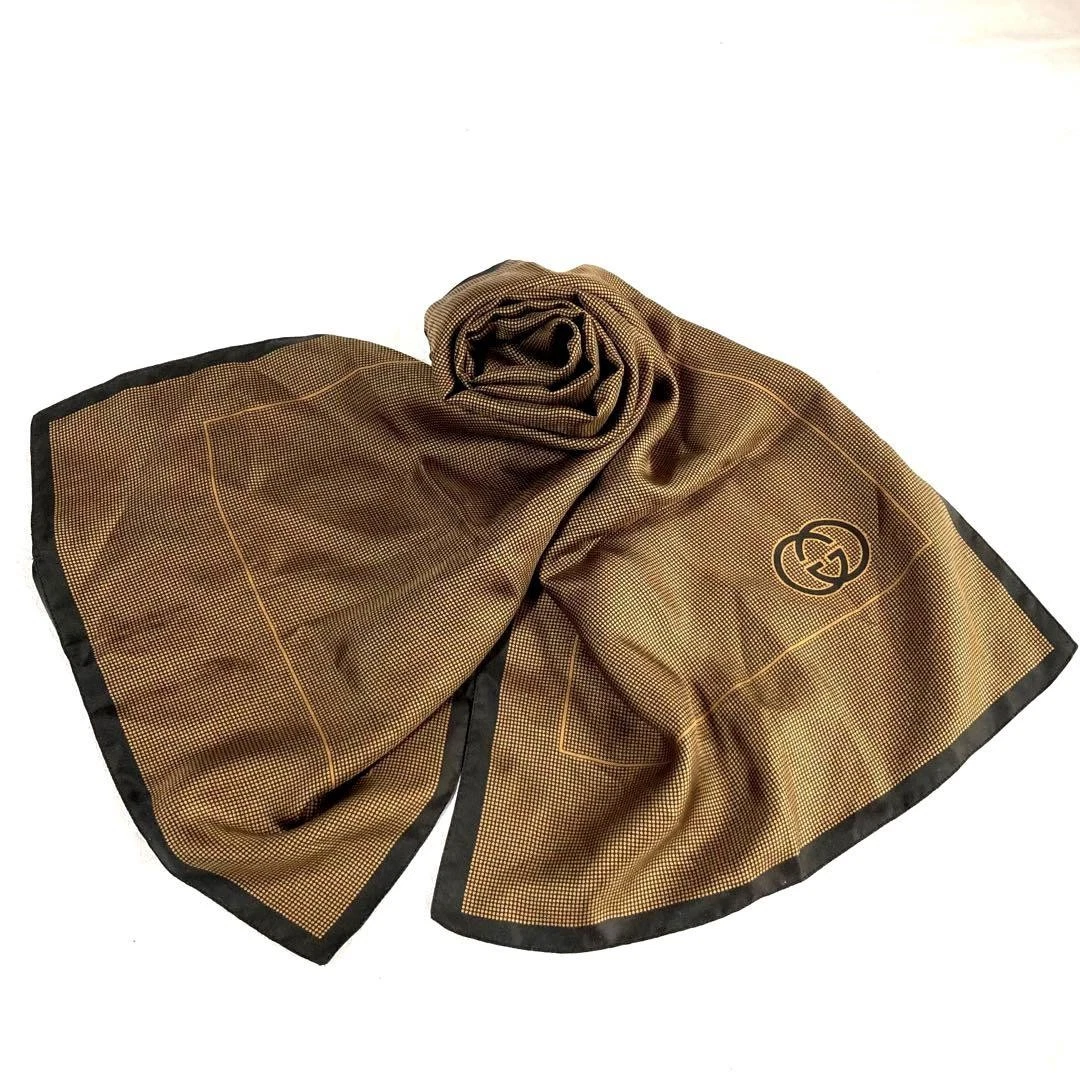 Authentique écharpe longue GUCCI 100% soie logo point GG marron noir occasion du Japon