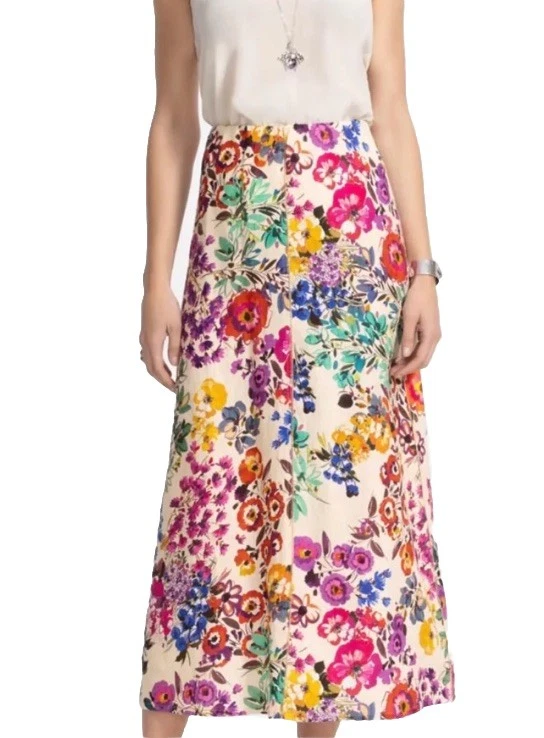 Johnny Was Seamed Linen Maxi Skirt Cream Multicolor Floral Print Evalon Size L