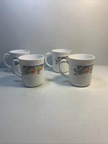 Set of 4 Vintage Arcopal France Florine Flowers Coffee Mugs Cups Floral Swirl