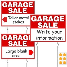 3 Pack 17x13 Inch Double Sided Garage Sale Sign with Stakes for Yard Patio