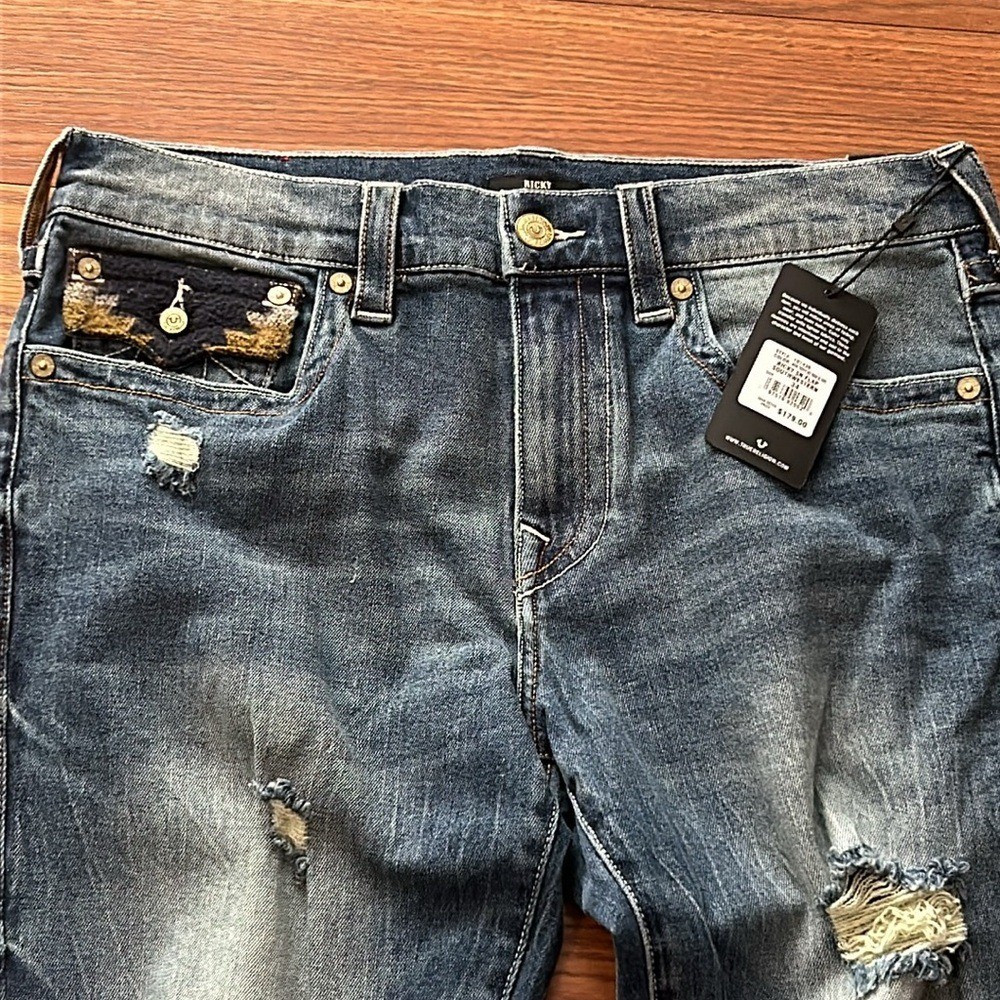 NWT True Religion Men's 34 Ricky Straight Jean Southwestern Trim Distressed thumbnail 2