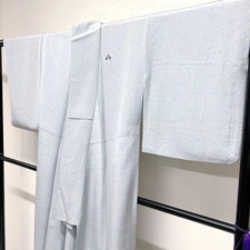 Dull Blue Embroidered Crepe Kimono Light Blue Used Japan